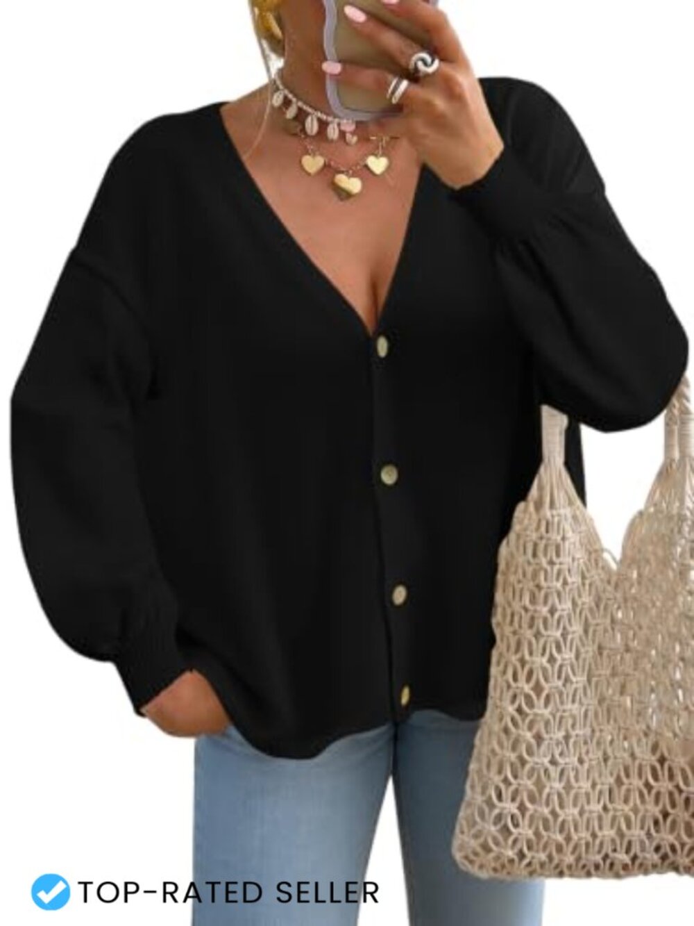 Lightweight Oversized Cardigan Lantern Sleeve Button V-Neck Knit Sweater